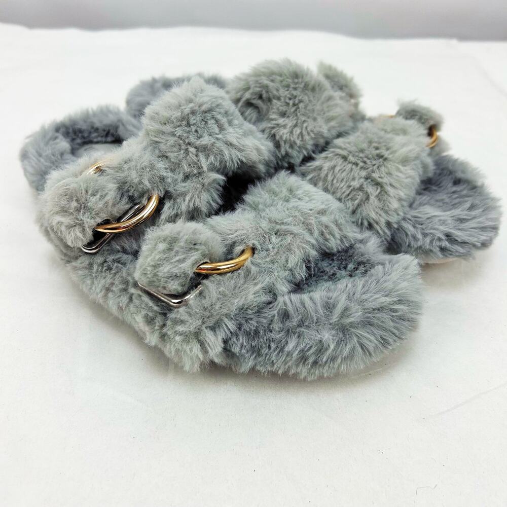 J/SLIDES Urban Sport Bree Slippers Sandal Size 6 Grey Faux Fur Double Strap NWOB